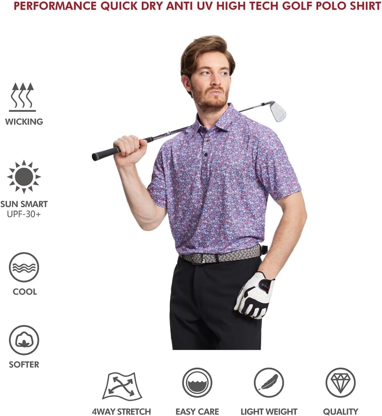 image:imageGolf Shirts for Men Dry Fit Short Sleeve Print Performance Moisture Wicking Polo ShirtColorful Floral